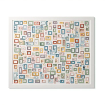 A large mosaic artwork composed of numerous small, colorful frames arranged in an intricate pattern. The frames are in various shades including red, blue, yellow, green, and orange, creating a vibrant collage. Each frame is a different size and shape, contributing to the dynamic texture of the piece. The frames are filled with abstract images or colors, enhancing the overall visual appeal of the mosaic. The artwork is mounted on a neutral background, which provides contrast and makes the colors of the frames stand out even more.