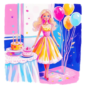 A vintage Barbie doll stands elegantly, wearing a classic 1960s party dress adorned with a polka dot pattern. The dress features a fitted bodice and a flared skirt that falls just below the knee. Barbie's flowing blonde hair is styled in soft curls framing her face. She is wearing small pearl earrings and a matching necklace. The doll is positioned on a delicate lace tablecloth, with a backdrop of pastel-colored balloons and streamers. A small cake with decorative icing sits on a nearby table, completing the festive atmosphere.