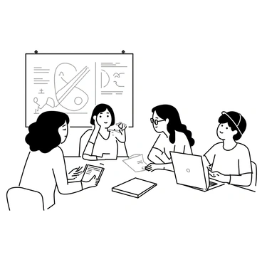A group of four students is sitting around a large table in a classroom. One student, a girl with curly hair, is holding a notebook and explaining a point passionately. Another student, a boy with glasses, is listening intently while taking notes on his laptop. A third student, a girl with straight hair, is leaning forward, contributing ideas, while a fourth student, a boy with a baseball cap, is nodding in agreement. Papers and textbooks are spread across the table, and a whiteboard with notes and diagrams is visible in the background.