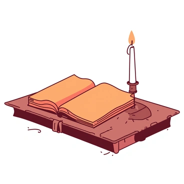 An open orange book rests on a rustic wooden table. The cover of the book is worn-out, showing signs of age, with slightly yellowed pages visible. Next to the book, there is a tall white candle, partially melted, its wax dripped down the side. The candle is lit, casting a warm glow that adds a sense of solitude to the scene. The table's surface has a few scattered specks of dust, indicating that it has been undisturbed for some time.