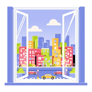 A high-rise apartment window with a sleek, modern design frames the view. Below the window, a bustling city is visible, filled with vibrant buildings of various heights and colors. Cars can be seen moving along the streets, with small colorful figures of pedestrians walking on the sidewalks. Bright billboards and neon signs add to the lively atmosphere of the city. The sky is a clear blue, with a few fluffy clouds drifting by, enhancing the lively scene below.