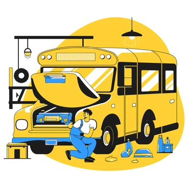 A mechanic wearing blue overalls is kneeling beside a large bus with its hood open, inspecting the engine. The mechanic has short black hair and is focused intently on the work. The garage is filled with tools scattered on a workbench, and an overhead light illuminates the area. The bus has a yellow exterior, and the interior of the garage contains various automotive parts and a tire rack. There is a toolbox nearby, and a few oil stains can be seen on the concrete floor.
