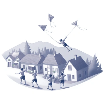 A quaint village is situated atop a mountain, with homes that feature sloped roofs and rustic wooden facades. Some of the buildings have small balconies adorned with potted plants. In the foreground, several children are joyfully flying kites, their arms raised as they guide the colorful kites soaring in the wind. The scene captures the dynamic movement of the kites, contrasting with the stillness of the village below. The landscape is dotted with trees that sway gently in the breeze, adding to the lively atmosphere.