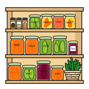 A wooden pantry shelf neatly arranged with a variety of glass jars filled with colorful pickles. The jars come in different shapes and sizes, each showcasing vibrant pickled vegetables such as cucumbers, carrots, and beets. Some jars have handwritten labels with playful fonts. The shelf has a rustic charm, with a light wood finish and a few decorative elements like spices in small containers and a woven basket holding fresh herbs. The overall scene conveys a sense of care and love for food preservation.