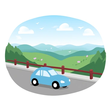 A small, blue economical car is parked at the edge of a scenic overlook. The car is facing a breathtaking view of rolling hills covered in lush greenery and dotted with colorful wildflowers. Behind the car, a clear blue sky stretches above with soft, fluffy clouds. In the foreground, a wooden barrier runs along the edge of the overlook, providing safety and enhancing the view. A few birds can be seen flying in the distance, adding to the peaceful atmosphere.