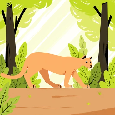 A puma with a sleek tan coat is stealthily walking across the forest floor, its paws making no sound on the rich brown soil. The puma is surrounded by tall, lush green trees with thick trunks, their leaves creating a vibrant canopy overhead. Sunlight filters through the foliage, casting dappled light on the ground below. Various shades of green ferns and bushes are scattered around the scene, adding depth to the dense forest environment. The puma's eyes are focused ahead, showcasing its keen hunting instincts.