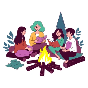 A warm yellow glow from a crackling fire illuminates a group of friends sitting on a circular arrangement of logs and blankets. Each friend has a unique appearance, showcasing diverse clothing styles that reflect their backgrounds. One friend with teal hair passionately shares a story while the others listen intently, their faces lit by the firelight. In the background, a few evergreen trees are silhouetted against the night sky. A gentle breeze rustles nearby leaves, adding to the cozy atmosphere of friendship and storytelling.