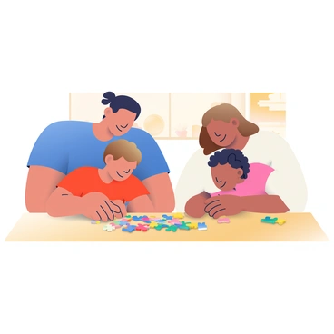 A family of four is gathered around a wooden table engaged in solving a colorful magnetic puzzle. The father has dark hair and is wearing a blue t-shirt, while the mother has light brown hair tied back and is dressed in a white blouse. Their young son, with curly hair, is wearing a bright red shirt, and their daughter, with braided hair, is in a pink dress. The puzzle pieces are scattered across the table, showcasing vibrant colors and various shapes. In the background, there are soft, warm-toned decorations on the wall, adding to the cozy atmosphere of the space. The family members are smiling and sharing ideas as they work together to complete the puzzle.