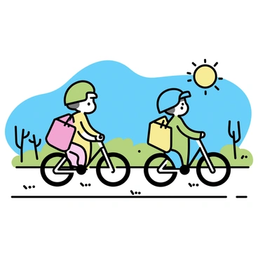 Two cartoon turtles are riding bicycles down a sunny path. Each turtle wears a colorful helmet; one helmet is green and the other is blue. The turtles have small backpacks attached to their bicycles, one backpack is red and the other is yellow. The path is surrounded by simple outlines of grass and trees under a clear blue sky. The sun is shining brightly above, casting soft shadows of the turtles and their bicycles on the ground.