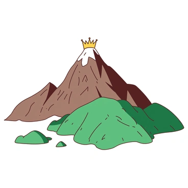 A large mountain with a rugged texture and snow-capped peak is adorned with a golden crown resting atop its summit. Surrounding the majestic mountain are several smaller hills, each with a varied green landscape. The hills are arranged in a sweeping curve, creating a natural kingdom that flows gently from the base of the mountain. The sky above is clear, allowing sunlight to illuminate the mountain and casting soft shadows on the hills below.