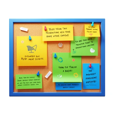 A bulletin board made of cork, filled with various colorful papers showcasing "energy-saving tips and tricks." The papers are in different shapes and sizes, with some being bright yellow, green, and blue. Handwritten notes in various fonts and colors are pinned onto the board, displaying catchy phrases and illustrations related to energy conservation. There are also small images of light bulbs, solar panels, and recycling symbols scattered among the tips. Paper clips and push pins hold the papers in place, creating a vibrant and informative display.