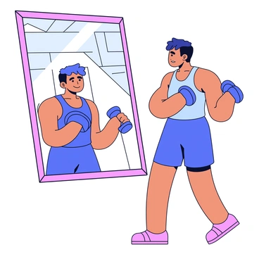 An athlete with a defined physique stands in front of a large mirror, concentrating on their reflection. The athlete is holding a dumbbell in each hand, engaged in the motion of hammer curls. The background is a simple gym setting with minimal equipment visible. The athlete's outfit consists of a fitted tank top and athletic shorts, highlighting their muscular arms. Their hair is pulled back, and a look of determination is on their face as they perform the exercise.