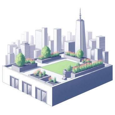 A rooftop garden situated atop a modern building in a bustling city. The garden contains various types of plants, including small trees, shrubs, and vibrant flowers arranged in neat rows. The greenery contrasts with the urban setting. In the background, a skyline filled with tall skyscrapers rises against the sky, showcasing a mix of architectural styles. The garden features planters and seating areas, inviting people to relax and enjoy the view.