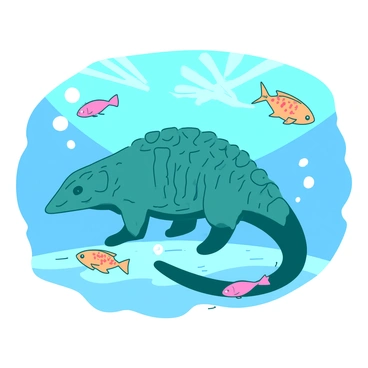A teal pangolin is gracefully swimming underwater, its unique scales glistening in the light. Surrounding the pangolin are vibrant orange and pink tropical fish, darting playfully through the water. Light rays penetrate the surface, creating patterns on the sandy ocean floor below. The pangolin's limbs are extended, giving the impression of a smooth, flowing movement as it glides among the fish. Bubbles rise gently from the pangolin, adding to the sense of underwater serenity.