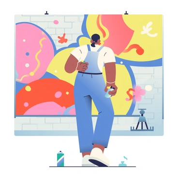 An artist with dark hair pulled back is in the midst of spray painting a mural on a large city wall. The artist is wearing a blue apron over a white t-shirt, and there are vibrant paint splatters on both the apron and pants. The mural features bold colors and dynamic shapes, including swirling patterns in red, yellow, and blue. The artist is holding a can of spray paint in their right hand, with a focused expression. In the background, there are urban elements such as a brick wall and scattered graffiti. A can of paint lies on the ground nearby, and there are droplets of paint visibly spraying from the can.