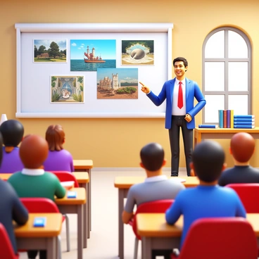 A lecture setting with an instructor standing at the front of a room. The instructor is pointing at a large projection screen displaying several famous artworks. The screen shows detailed images of paintings, sculptures, and other art forms. The classroom is filled with attentive students seated at desks, some taking notes. Natural light comes in through windows, illuminating the space. The instructor is wearing professional attire, and there are art supplies and books visible on a nearby table.