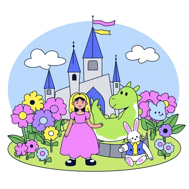 A whimsical castle with tall, pointed towers and colorful banners fluttering in the breeze. Surrounding the castle is a vibrant garden filled with oversized flowers in various hues. In front of the castle, a cartoon princess with a flowing pink gown is standing next to a cheerful cartoon dragon with bright green scales. Nearby, a friendly talking rabbit wearing a small waistcoat is sitting on a stone path. The sky above is a bright blue with fluffy white clouds drifting lazily.