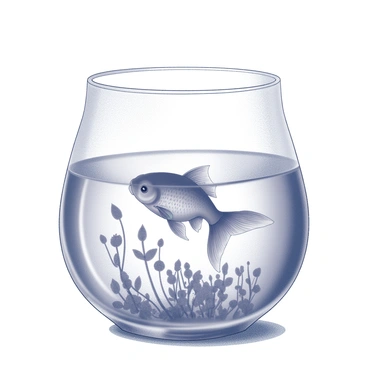 A glass bowl filled with water. In the bowl, there is a goldfish swimming. The goldfish has flowing fins and is positioned in the center of the bowl. Around the fish, there are various aquatic plants with delicate leaves and stems that sway gently in the water. The bowl is resting on a simple surface, enhancing the focus on the fish and the plants within.