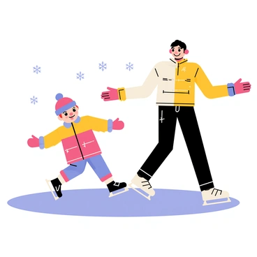 A young child wearing a colorful winter jacket and a fluffy hat is taking their first wobbly steps on a shiny ice skating surface. The child has a look of concentration on their face as they balance on their skates. Nearby, a supportive adult, dressed in warm clothing, watches closely with an encouraging smile. The adult has their arms outstretched, ready to catch the child if they fall. The scene is filled with bright, cheerful colors and snowflakes gently falling in the background.