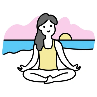 A woman with long hair is practicing yoga on the sand of a beach. She is in a meditative pose, sitting cross-legged. The sky is filled with soft hues of orange and pink as the sun rises on the horizon. Gentle waves are rolling onto the shore in the background. The woman is wearing a light-colored tank top and yoga pants, and she appears calm and focused.