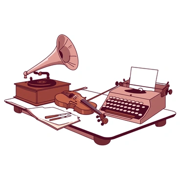 A white table is adorned with a collection of vintage musical instruments and items. A polished wooden gramophone with a large horn stands prominently on the left side of the table. Next to it, a beautifully crafted violin rests, its strings glistening softly in the light. An old-fashioned typewriter, featuring round keys and a shiny metallic finish, is positioned beside the violin, with a blank sheet of paper inserted into it. The scene is filled with the charm of nostalgia, highlighting the intricate details of each item.