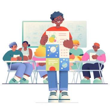 A student proudly presenting a creative poster to the class