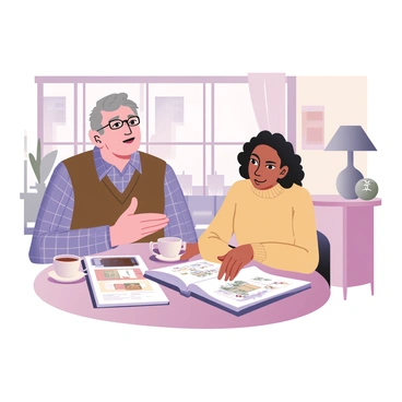 A seasoned illustrator with gray hair and glasses is sitting at a table in a cozy café in Nottingham. He is wearing a plaid shirt and a brown vest. Across from him is a young artist, with curly hair and a bright yellow sweater, who is focused and attentive. The table is adorned with two steaming cups of coffee, one in front of each person. The café has wooden furniture and large windows letting in natural light, with a few decorative plants in the background. The seasoned illustrator is gesturing with his hand, demonstrating a technique using a sketchbook opened on the table, filled with colorful illustrations. The young artist is holding a pencil, ready to take notes.