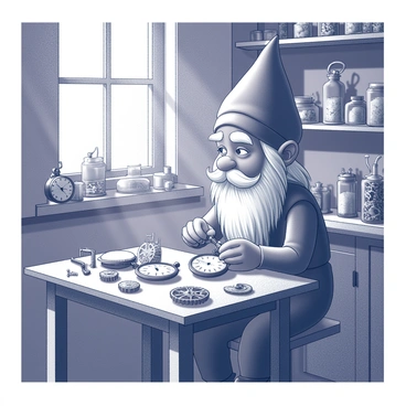A gnome with a long white beard is sitting at a small wooden workbench in a vintage workshop. He is carefully repairing pocket watches, using tiny tools and magnifying glasses placed around him. The workshop is filled with intricate gears and clock parts scattered across the table. On the walls, there are shelves lined with various watchmaking tools and jars filled with tiny components. The gnome is focused on a pocket watch, adjusting its inner mechanisms with great precision. Sunlight streams through a small window, illuminating dust particles in the air and casting soft shadows around the room.