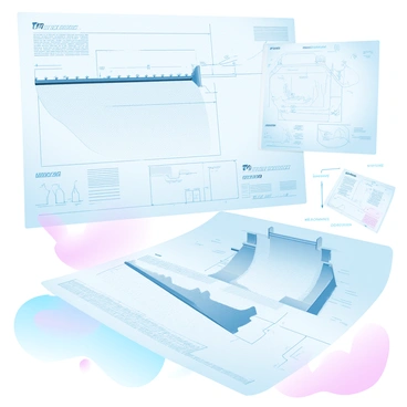A set of detailed blueprints showcases a hydroelectric dam with various sections labeled for clarity. The blueprints include precise measurements, indicating the height and width of the dam, the length of the spillway, and the depth of the reservoir. Notes in the margins provide important information, such as material specifications and construction techniques. Various sections of the dam are highlighted, showing water intake areas, turbines, and control rooms. Additional technical drawings illustrate the layout of the surrounding area, including access roads and power lines. The blueprints are presented on a textured paper background, enhancing the technical appearance of the design.