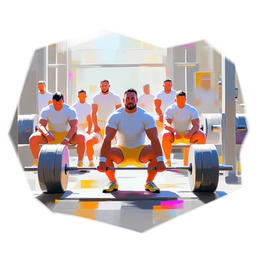 A group of rugby players with various body types, including muscular and athletic builds, are engaged in a weightlifting session inside a gym. Some players are lifting heavy barbell weights, while others are performing squats and deadlifts. The gym is equipped with various weightlifting equipment, benches, and mirrors that reflect the intensity of their workout. The players are wearing matching team uniforms, showcasing their numbers and logos. The atmosphere conveys focus and determination as they cheer each other on during their training.