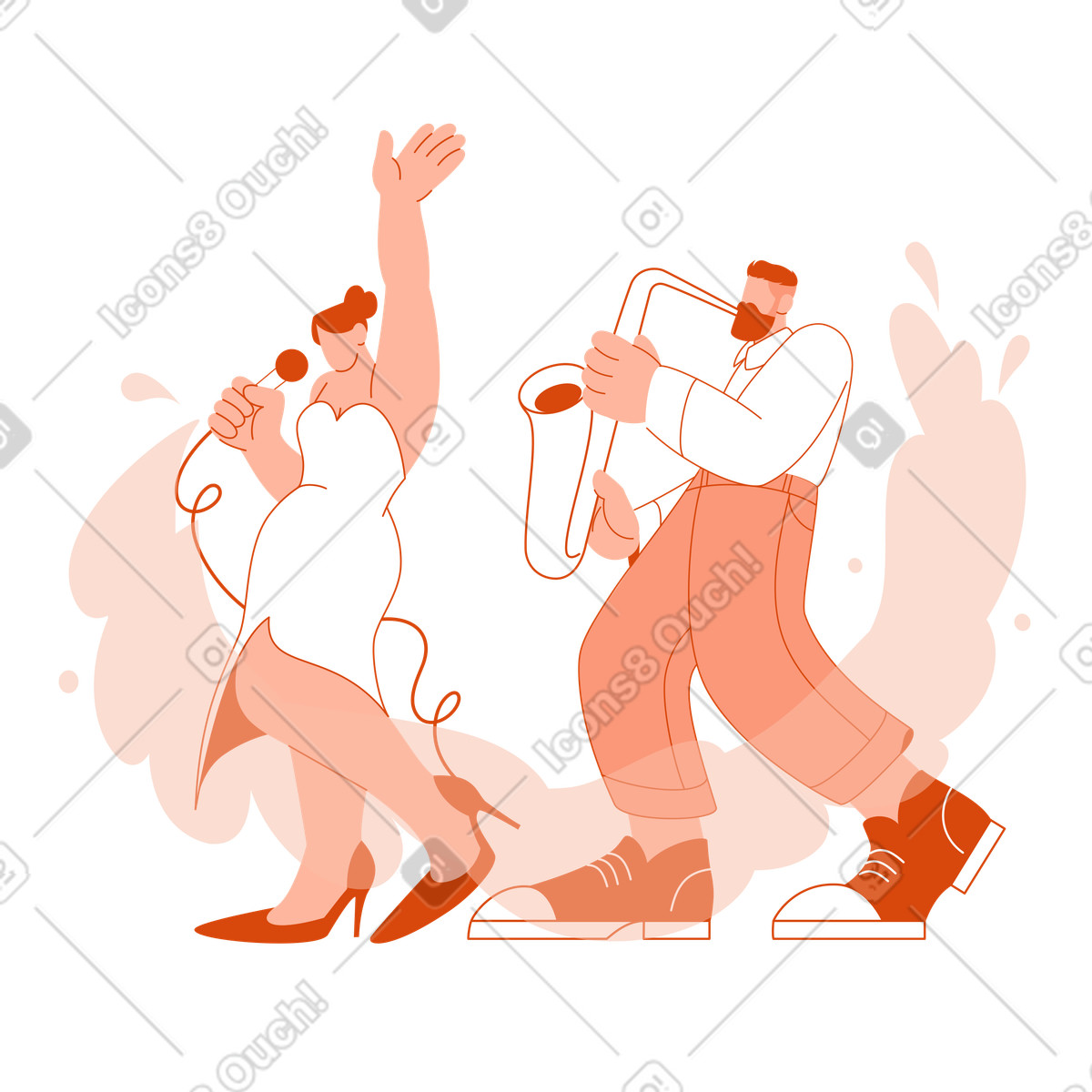 Musical performance of a saxophonist with singer illustration in Orange style download in PNG, SVG