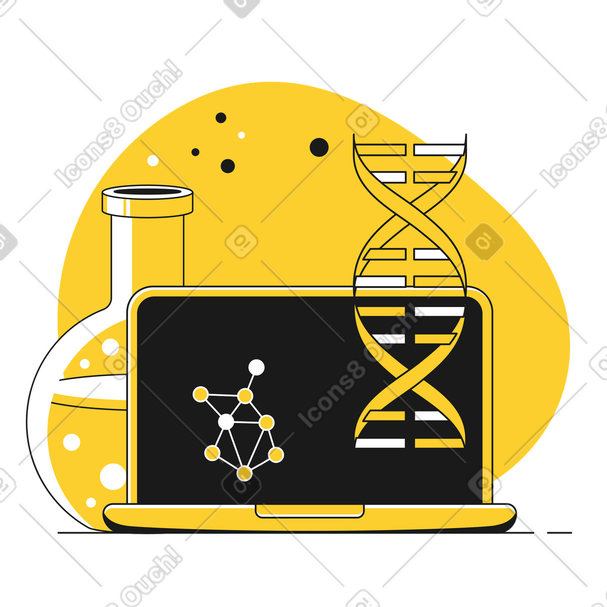 Ilustração de Pesquisa em biotecnologia: dna, frasco e laptop no estilo Taxi para baixar PNG, SVG