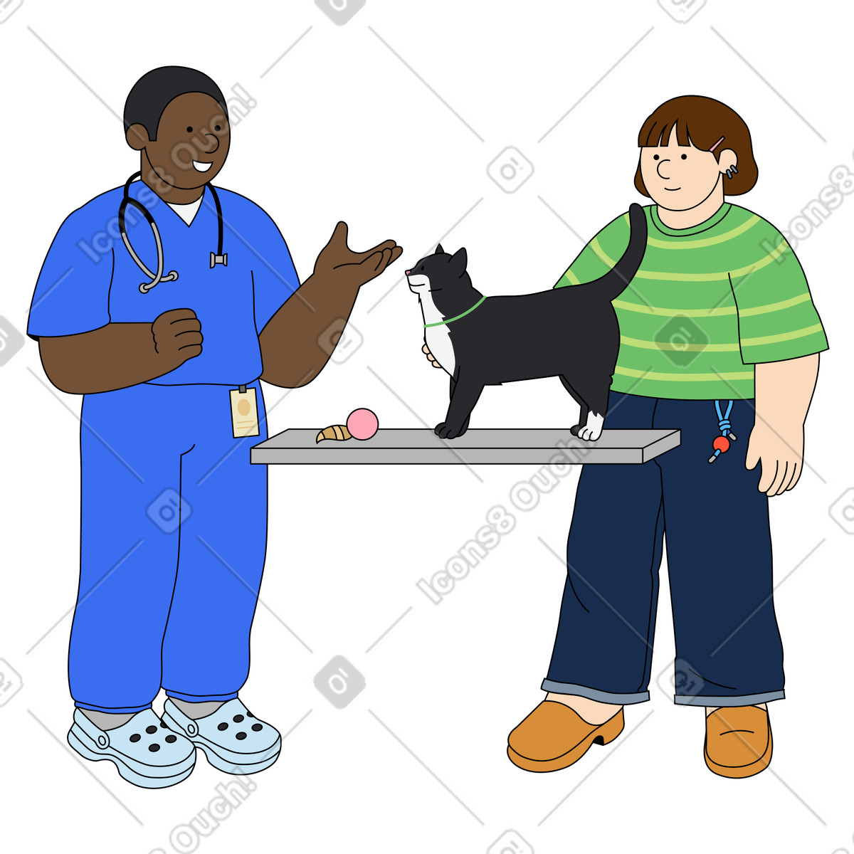 Illustration Vétérinaire examinant un chat sur une table. concept de soins et visite à la clinique vétérinaire. dans le style Kindy télécharger aux formats PNG, SVG
