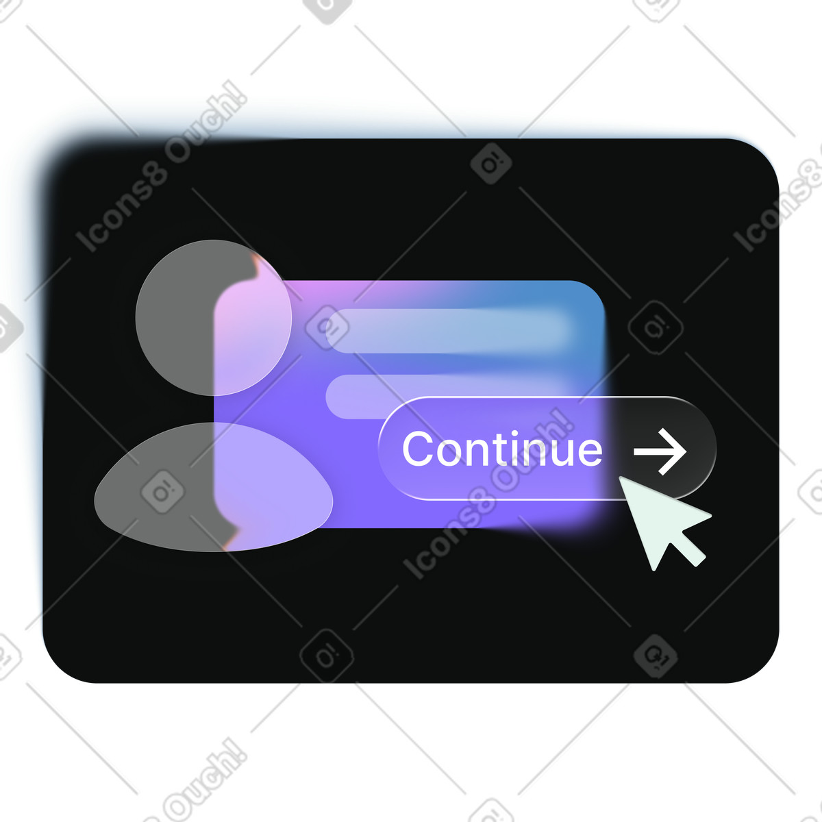Continue button with cursor on dark UI, App onboarding and user flow illustration in Void style download in PNG, SVG