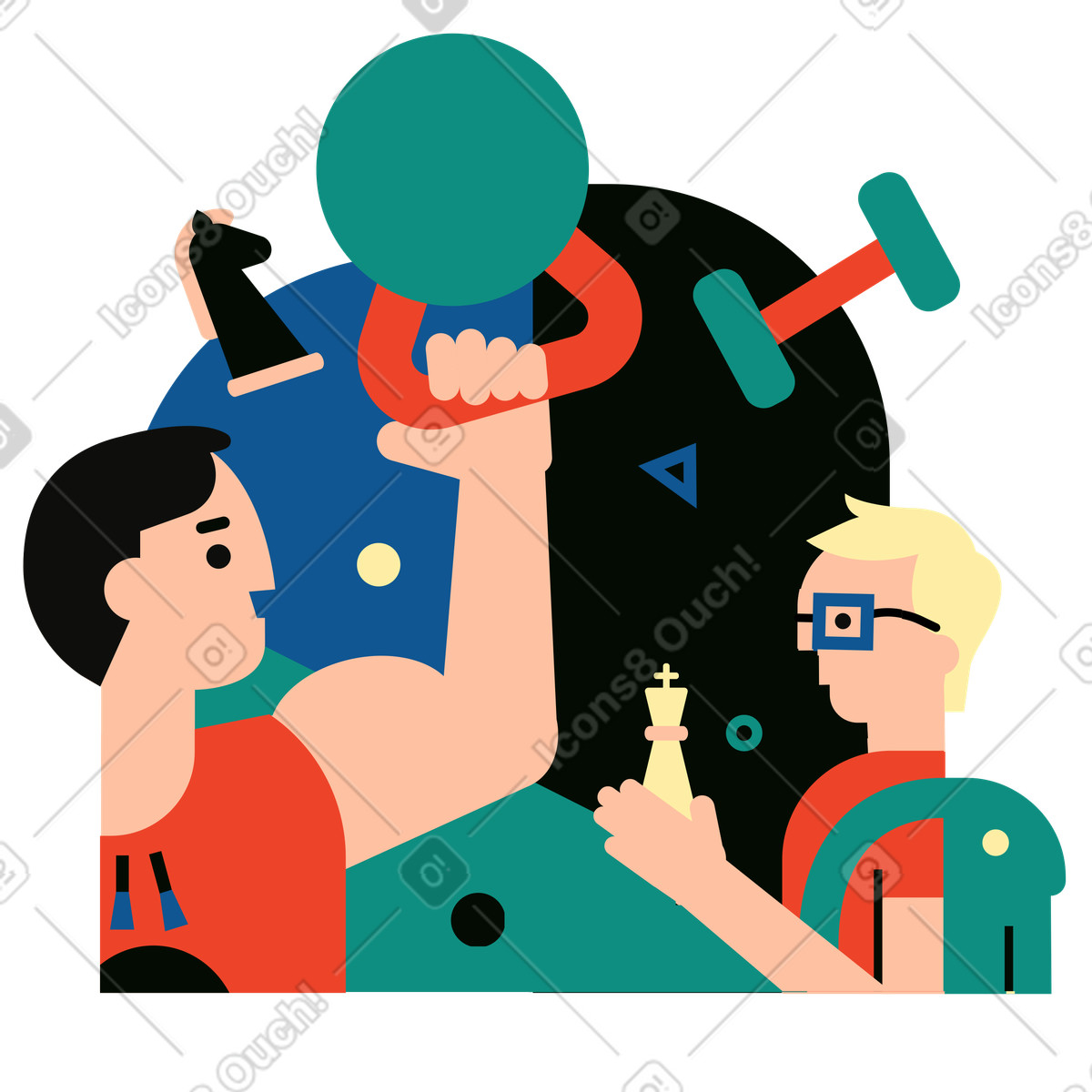 Mann hebt gewichte und spielt schach-Illustration im Polar-Stil als Download in PNG, SVG