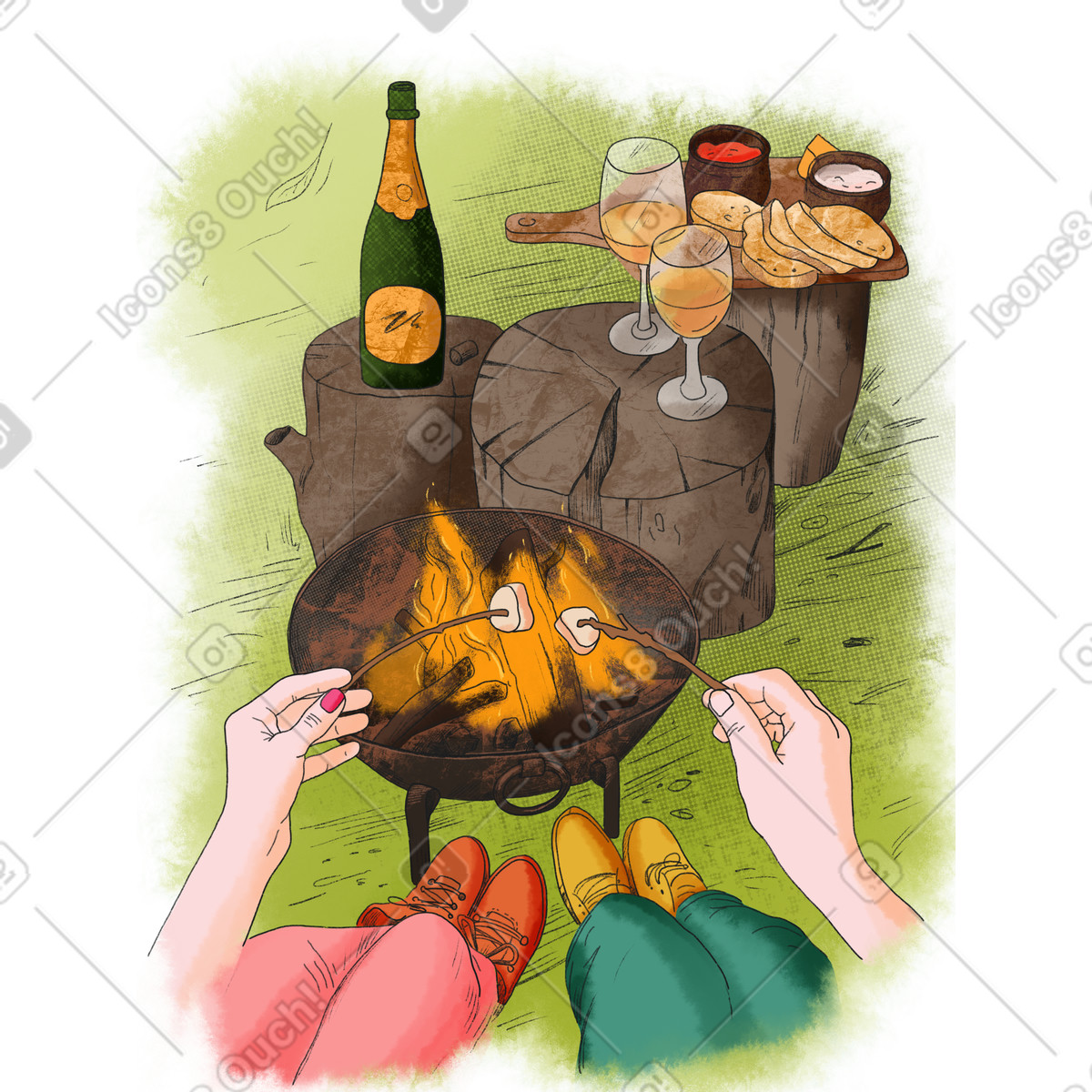 Иллюстрация Romantic dinner for travelers near a campfire in the forest в стиле Moments — скачать в форматах PNG, SVG