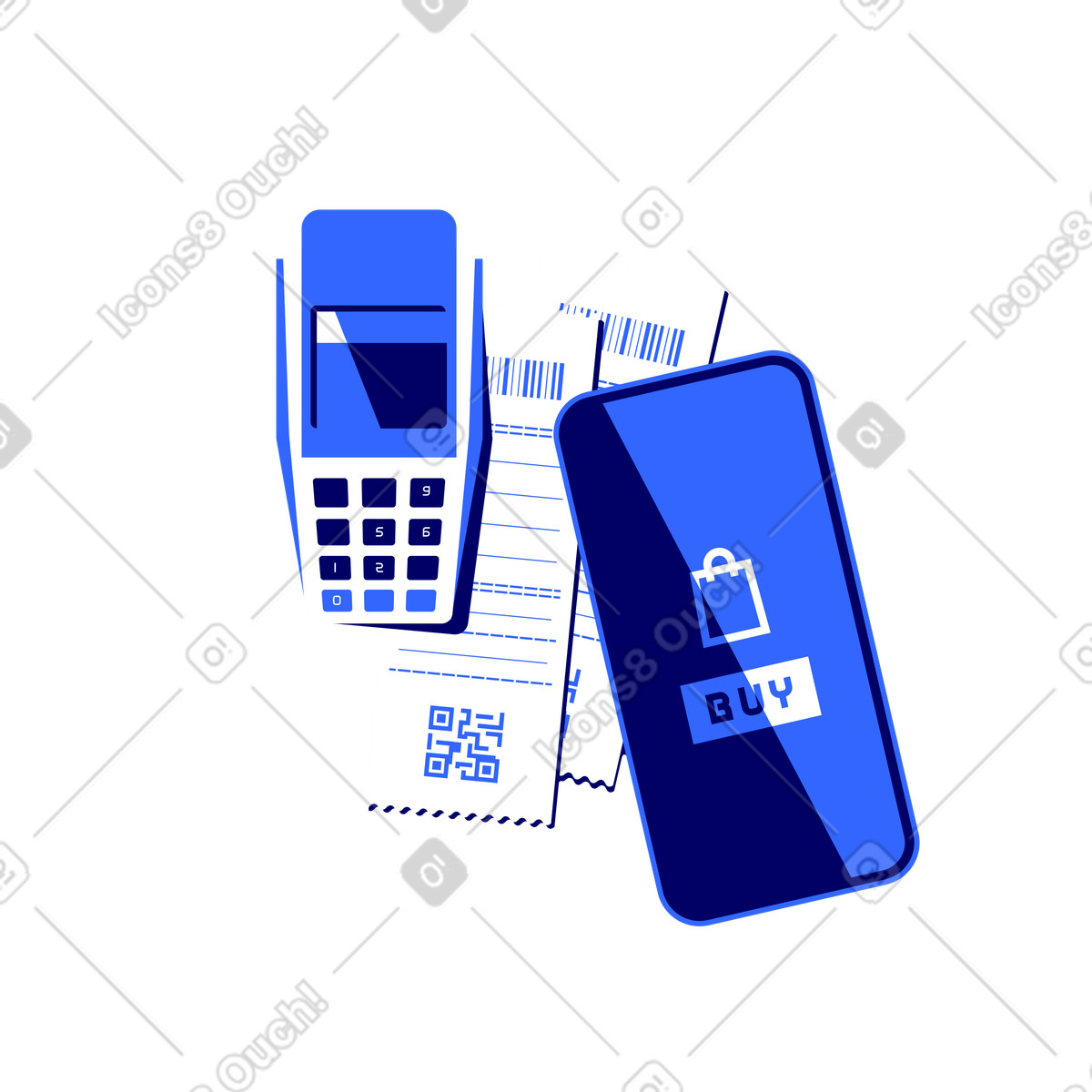 Contactless payment terminal, two payment receipts and smartphone with contactless payment function illustration in PNG, SVG