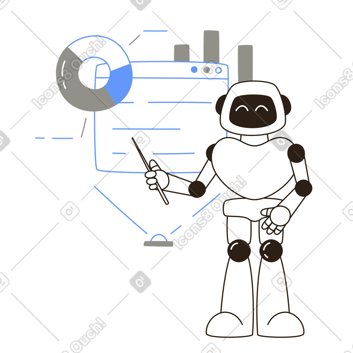 Ilustración animada de Robot que presenta gráficos analíticos, visualización de datos e informes. en GIF, Lottie (JSON), AE