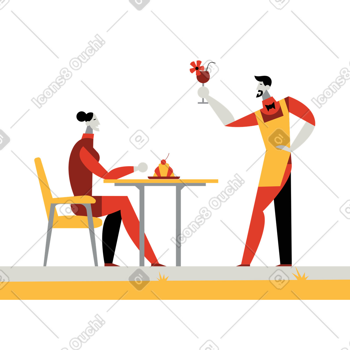 Kellner bringt einer frau im café einen drink-Illustration Burgundy-Stil als Download in PNG, SVG