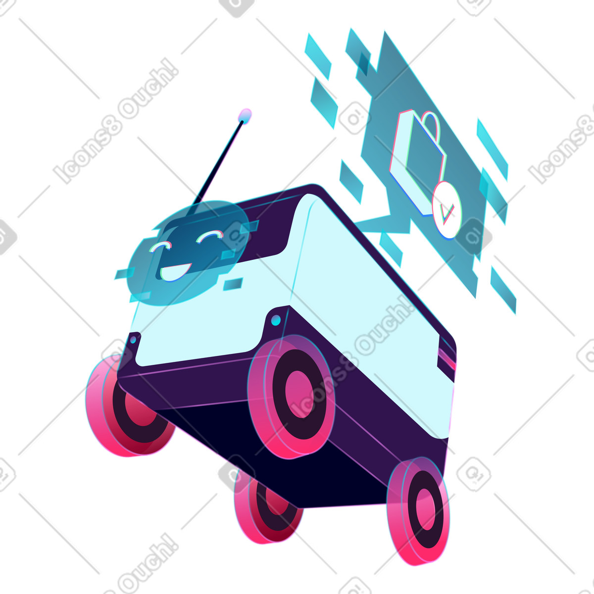 Delivery robot carrying online purchases illustration in Neon style download in PNG, SVG