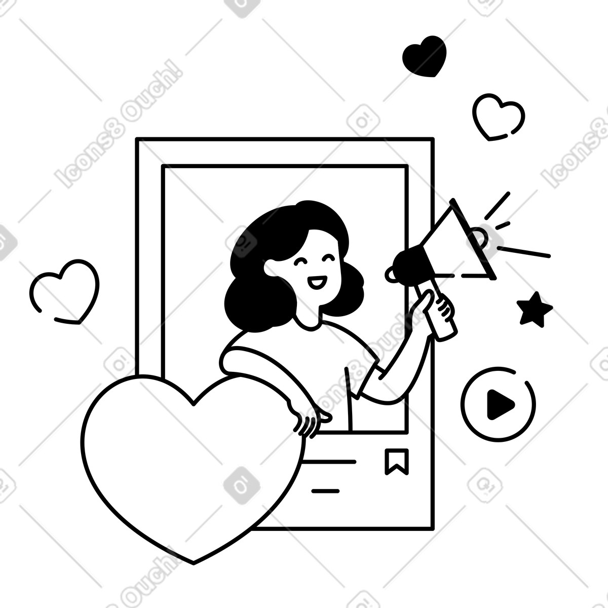 Notion Line Art 스타일의 Influencer holding megaphone inside social media post with hearts 일러스트레이션 PNG, SVG 다운로드
