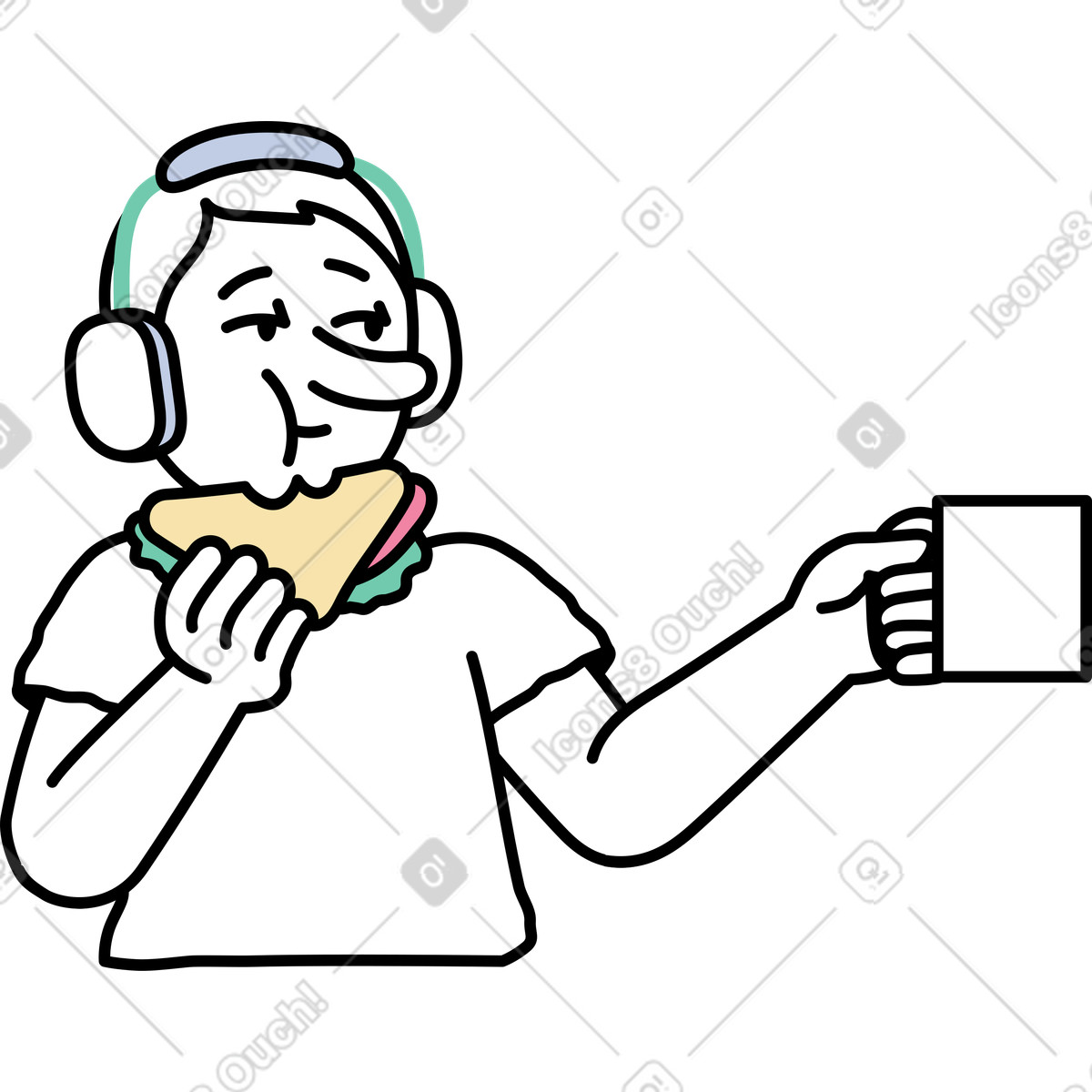 Illustration Homme dans des écouteurs en train de déjeuner le style Notes à télécharger aux formats PNG, SVG