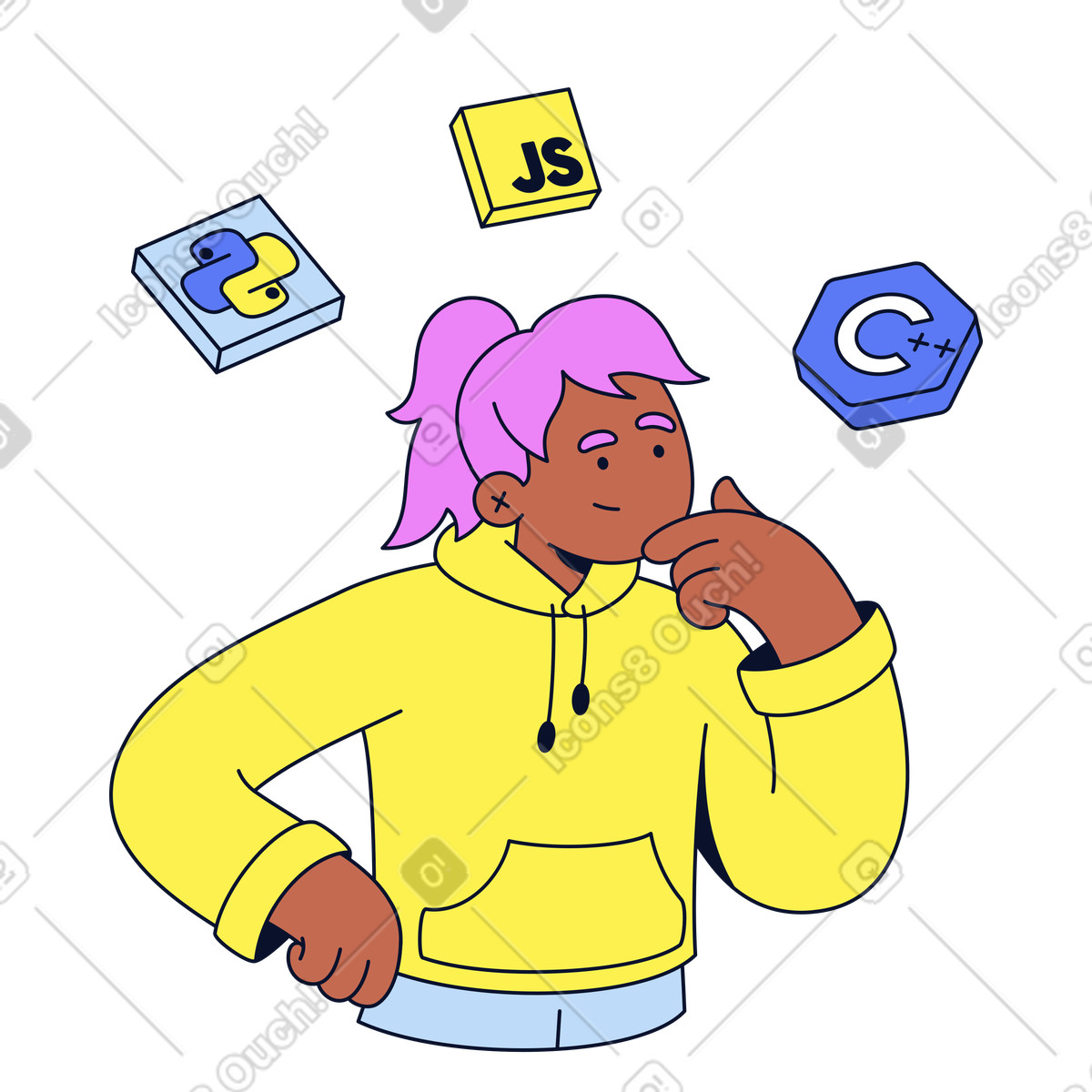 Illustration Deciding between coding languages, Programming career choices, Choosing tech stack dans le style Flexy à télécharger aux formats PNG, SVG