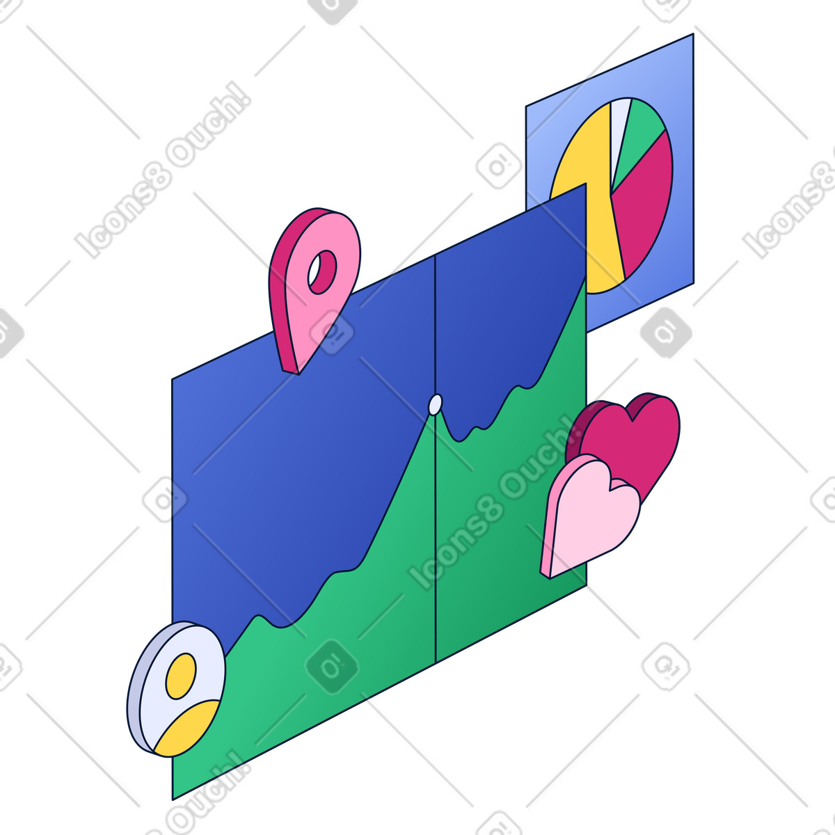 Social media performance tracking, Analytics growth chart with location pin and reactions illustration in Neat style download in PNG, SVG