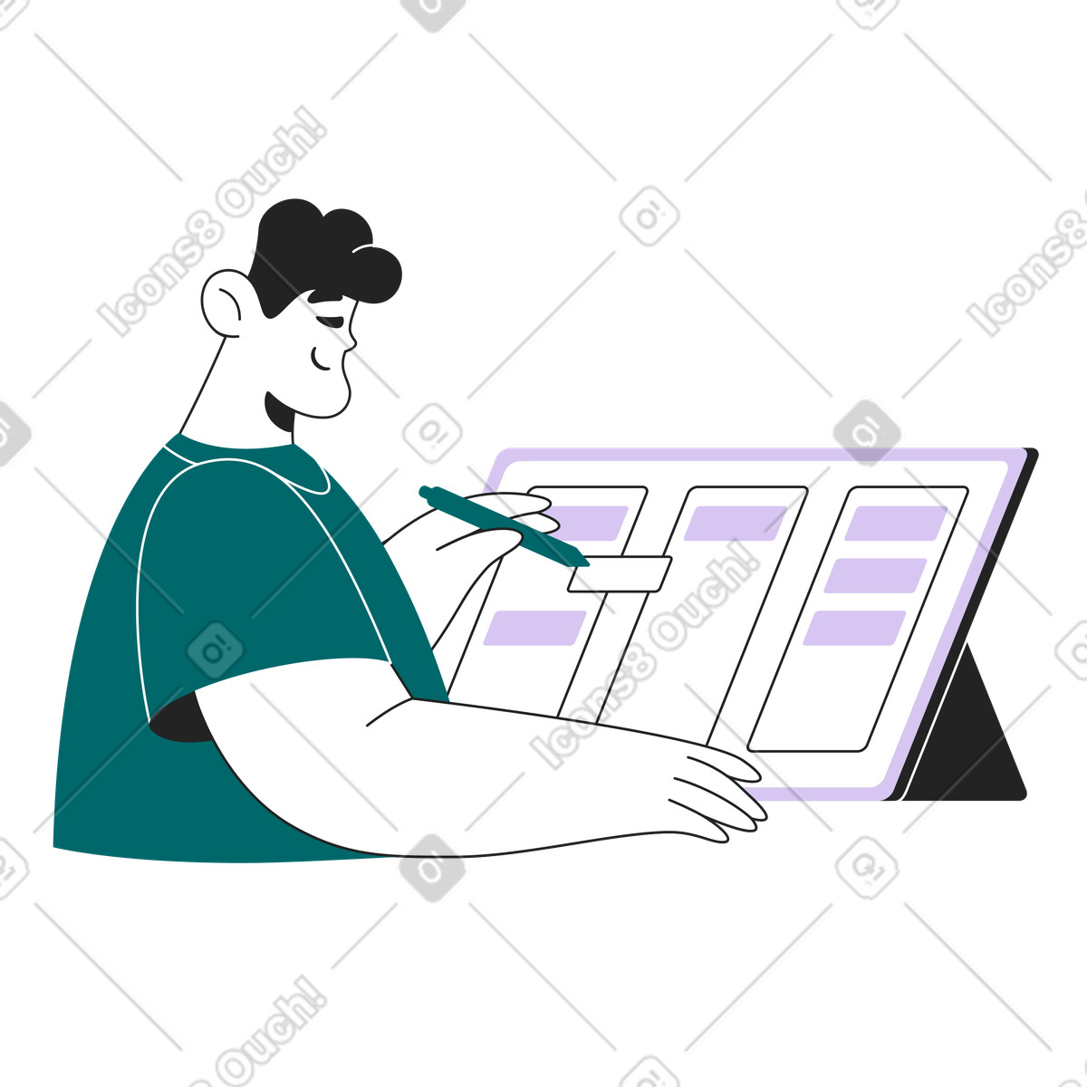 Team member managing task board, Agile project tracking and productivity illustration in Sammy Line style download in PNG, SVG