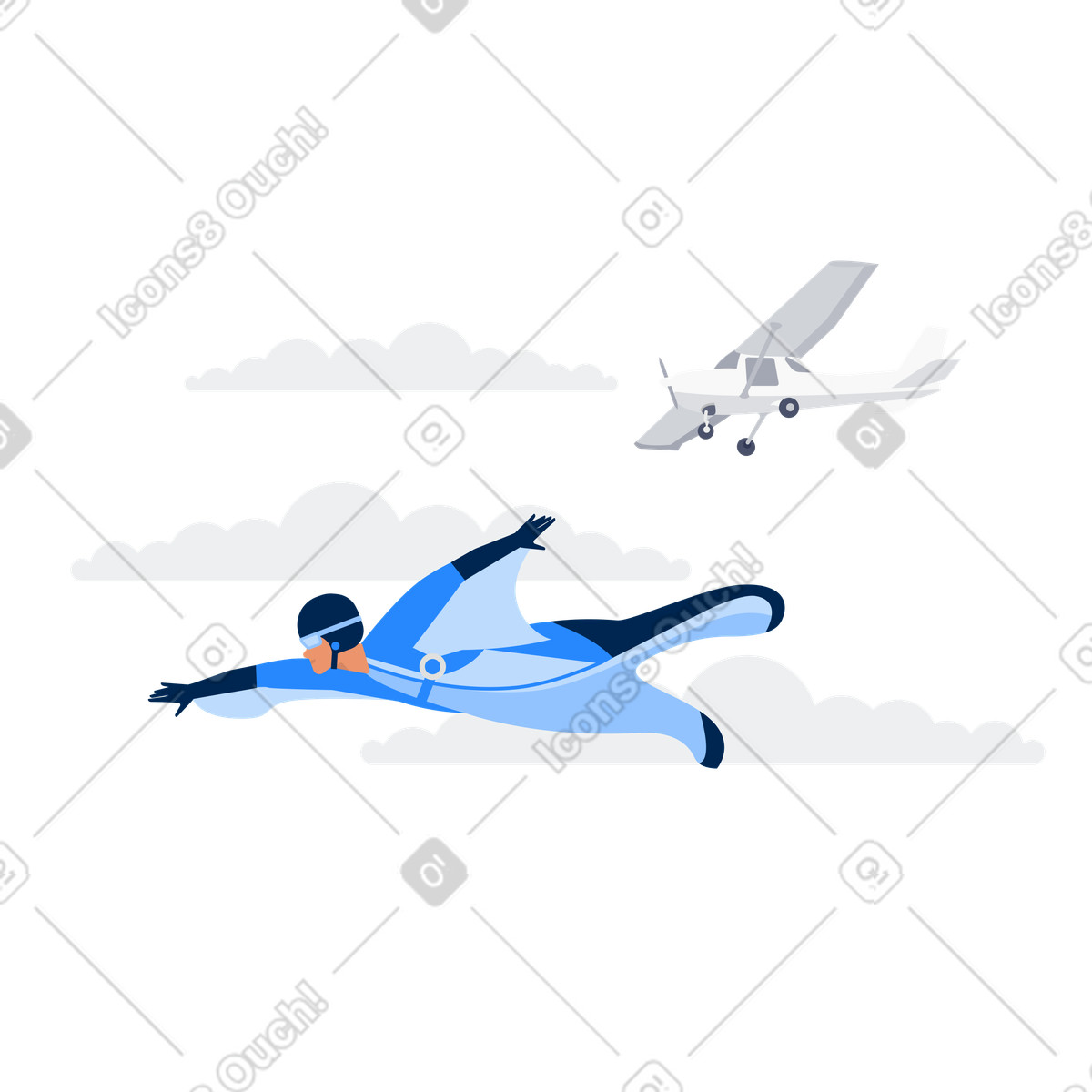 Wingsuit flight near aircraft, Leaving or logging off concept illustration in Urban style download in PNG, SVG
