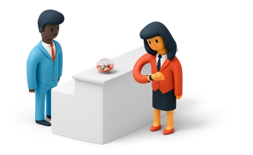 A man and woman at a reception desk - 3D Flame style illustration