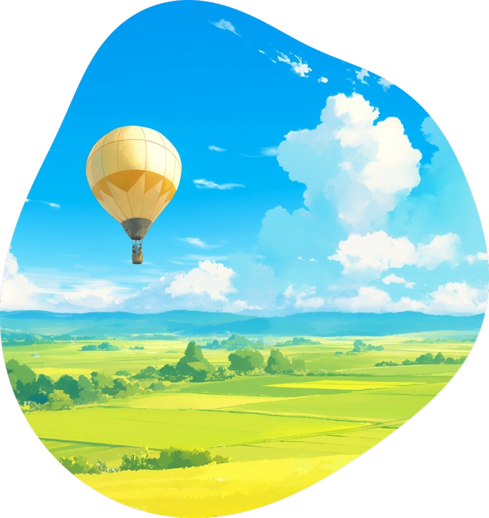 A hot air balloon over a green landscape - Scenes style illustration
