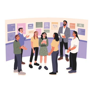 A digital flat illustration depicting a charity event taking place in a well-lit indoor space. In the center, a group of six people are engaged in animated discussions. One person on the left has light skin and short brown hair, wearing a blue shirt and black pants. Next to them is a woman with medium skin and curly black hair, dressed in a yellow blouse and floral skirt. Another participant, a man with dark skin and a beard, sports a green sweater and dark jeans, while a woman with white skin and long red hair stands beside him in a patterned dress. 

On the right, a tall individual with olive skin and glasses wears a gray suit and gestures enthusiastically. The last participant, a woman with tan skin and shoulder-length black hair, is holding a clipboard and wearing a white shirt with rolled-up sleeves. 

Around them, colorful posters with the text "Support Local Causes" and "Make a Difference" are displayed on the walls.