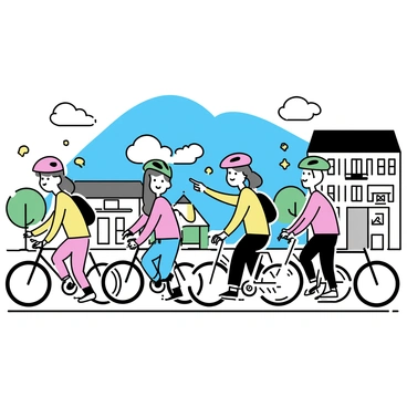 A group of cyclists, wearing colorful helmets and cycling gear, is touring a city. In the foreground, several bicycles are lined up neatly along the sidewalk. The cyclists are diverse in appearance, with both men and women among them. They are riding on a cobblestone street flanked by quaint buildings, showcasing a mix of modern and historical architecture. The scene features a bright blue sky overhead, and a few fluffy white clouds can be seen. The cyclists are engaged in conversation, smiling and pointing at various sights in the city.
